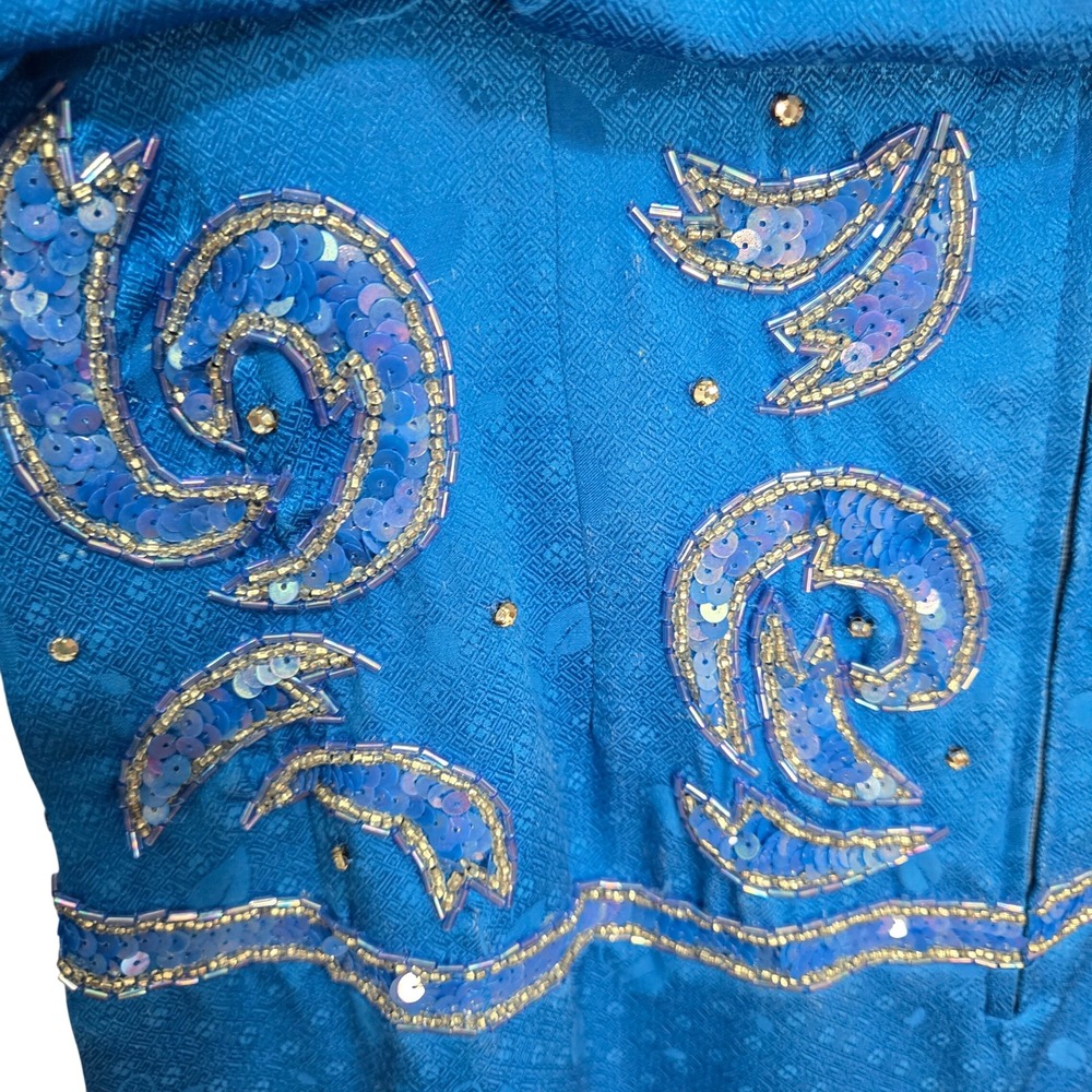 Vintage 80s AJ Bari Royal Blue Silk Jacquard Sequin Cocktail Dress Size 14 - Picture 11 of 12